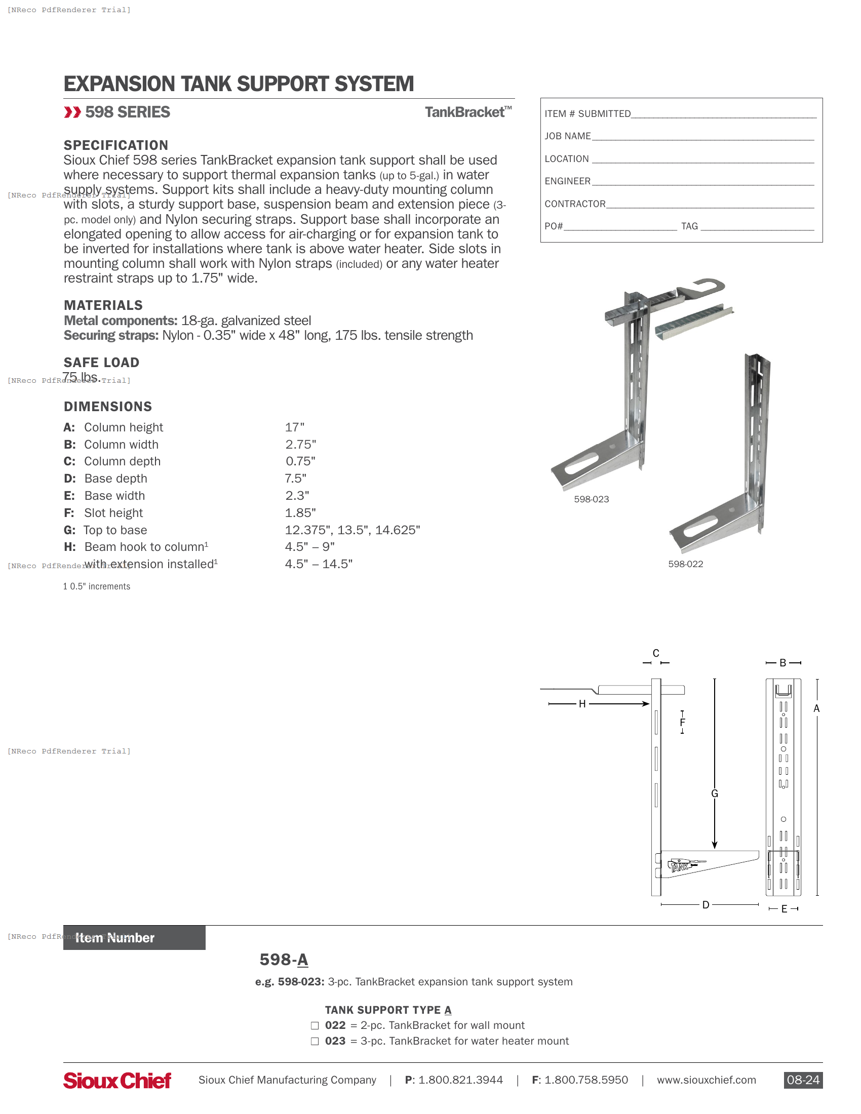 598 SERIES - TANKBRACKET EXPANSION TANK SUPPORT - SPEC SHEET.PDF Specification Document